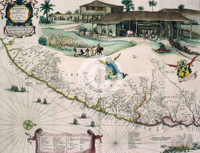 Dutch map of Brazil, with view of a sugar plantation, c1720. Creator: Unknown.