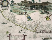 Dutch map of Brazil, with view of a sugar plantation, c1720. Creator: Unknown