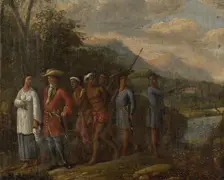 Dutch merchant with two enslaved men in a hilly landscape, 1700-1725. Creator: Anon