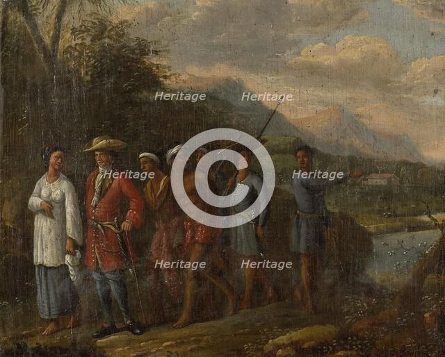 Dutch merchant with two enslaved men in a hilly landscape, 1700-1725. Creator: Anon.