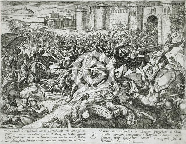 Dutch Soldiers Return from Germany to Aid Civilis Defeat the Romans, published 1612. Creator: Antonio Tempesta.