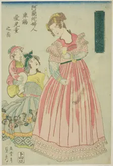 Dutch Woman Making a Toast to Her Children (Oranda fujin kyosho aijido no zu), from the se..., 1860. Creator: Sadahide Utagawa