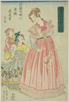 Dutch Woman Making a Toast to Her Children (Oranda fujin kyosho aijido no zu), from the se..., 1860. Creator: Sadahide Utagawa