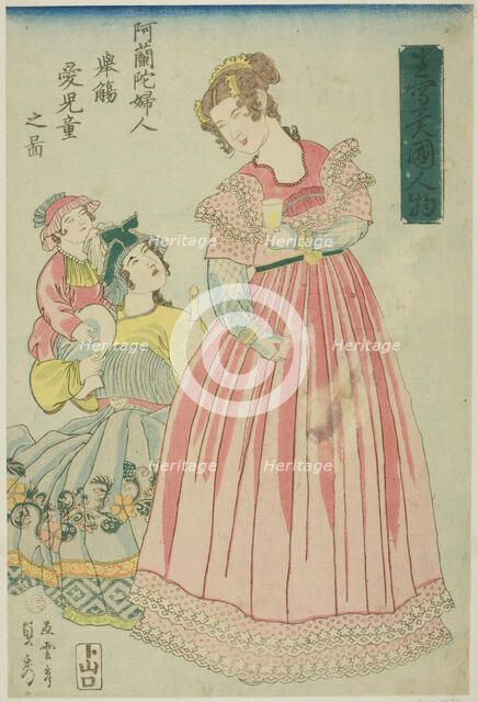 Dutch Woman Making a Toast to Her Children (Oranda fujin kyosho aijido no zu), from the se..., 1860. Creator: Sadahide Utagawa.