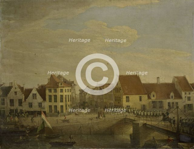 Dutch Troops passing through the Fortress of Dendermonde, c.1820. Creator: Petrus Groenia.
