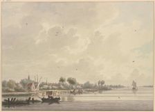 Dutch village on a wide river bustling with several boats, a bird flies on the water...18th century. Creator: Nicolaas Wicart