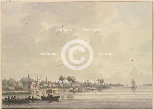 Dutch village on a wide river bustling with several boats, a bird flies on the water...18th century. Creator: Nicolaas Wicart.