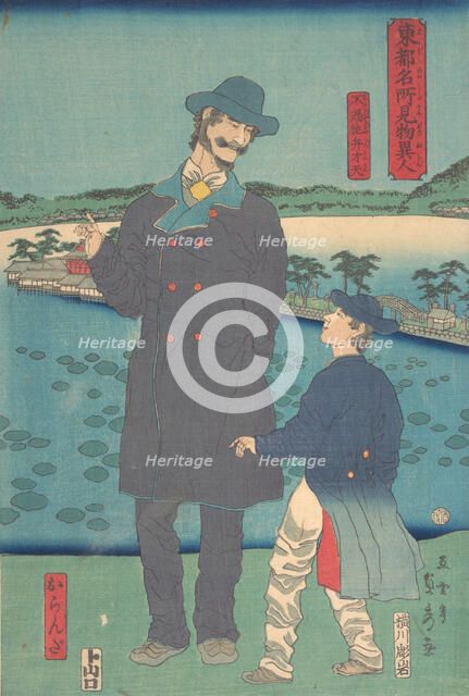 Dutchman and Child Viewing the Benten Shrine at Shinobazu Pond, 7th month, 1861 Creator: Sadahide Utagawa.