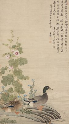Ducks and hollyhocks, between 1912 and 1949. Creator: Unknown