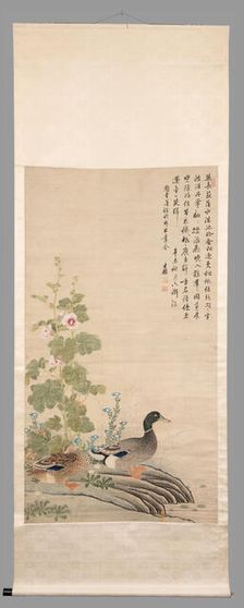 Ducks and hollyhocks, between 1912 and 1949. Creator: Unknown