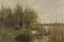 Ducks beside a duck shelter on a ditch, 1884. Creator: George Poggenbeek