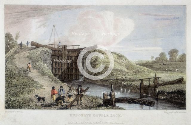 Dudgrove double lock above Lechlade, Thames and Severn Canal, 1814. Creator: William Bernard Cooke.