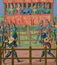 Duel between two knights using handled swords, Middle ages, 15th century (1877). Creator: Unknown