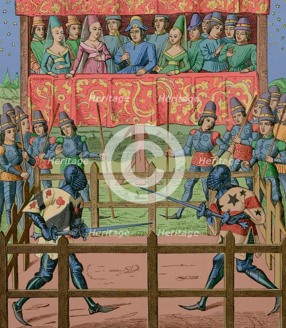 Duel between two knights using handled swords, Middle ages, 15th century (1877).  Creator: Unknown.