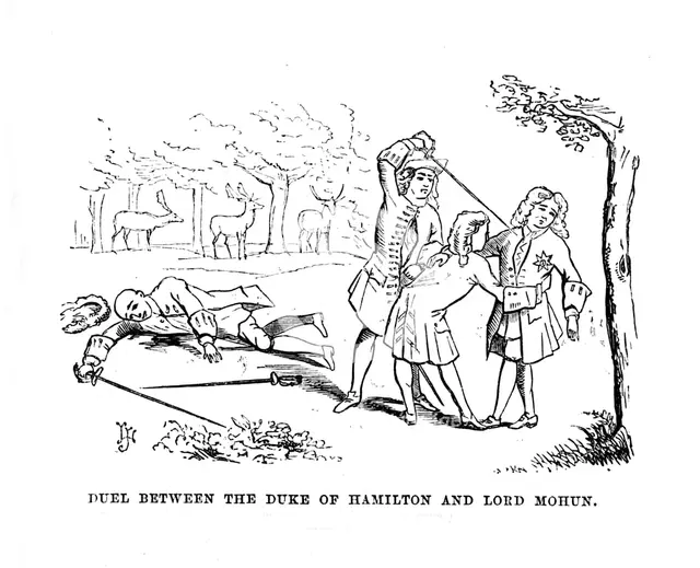 'Duel Between The Duke of Hamilton and Lord Mohun', c1870. Artist: Unknown.