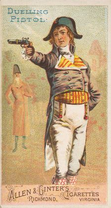 Duelling Pistol, from the Arms of All Nations series (N3) for Allen & Ginter Cigarettes Br..., 1887. Creator: Allen & Ginter