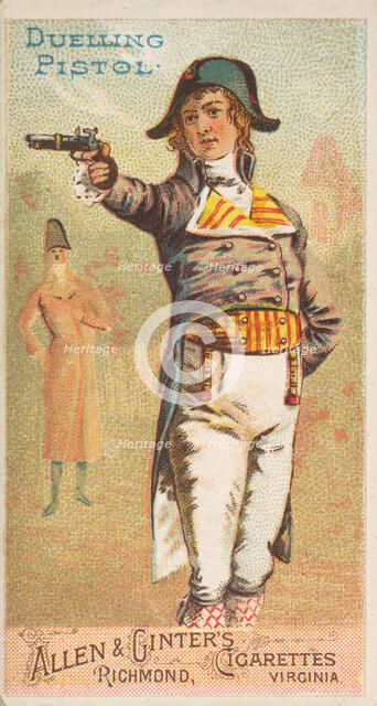 Duelling Pistol, from the Arms of All Nations series (N3) for Allen & Ginter Cigarettes Br..., 1887. Creator: Allen & Ginter.
