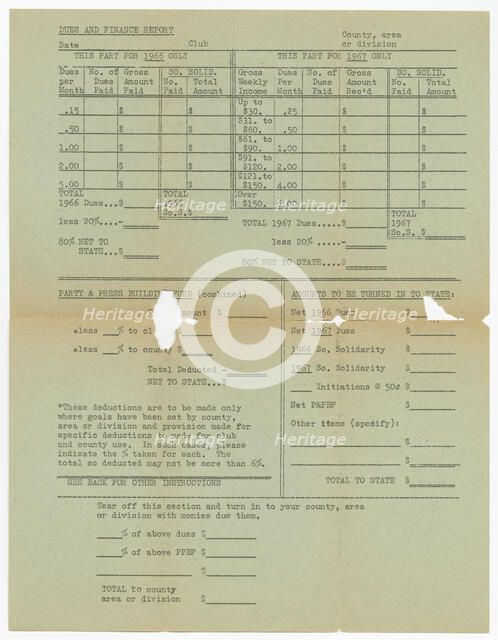Dues and finance report, ca. 1966. Creator: Unknown.