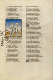 Dukalion and Pyrrha Throwing Stones over their Shoulders; Roman de la Rose, about 1405. Creator: Unknown
