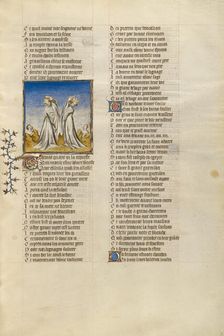 Dukalion and Pyrrha Throwing Stones over their Shoulders; Roman de la Rose, about 1405. Creator: Unknown