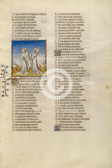 Dukalion and Pyrrha Throwing Stones over their Shoulders; Roman de la Rose, about 1405. Creator: Unknown.