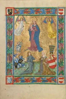 Duke Albrecht IV the Wise and his Wife Kunigunde of Austria Adoring the Virgin; Weltchronik, 1487. Creator: Unknown