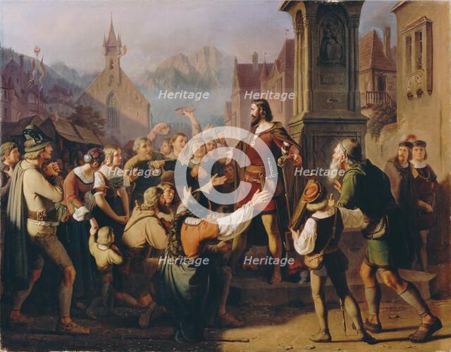 Duke Friedrich IV, disguised as a minstrel, reveals himself to his faithful Tyroleans..., 1851. Creator: Schams, Franz (1823-1883).