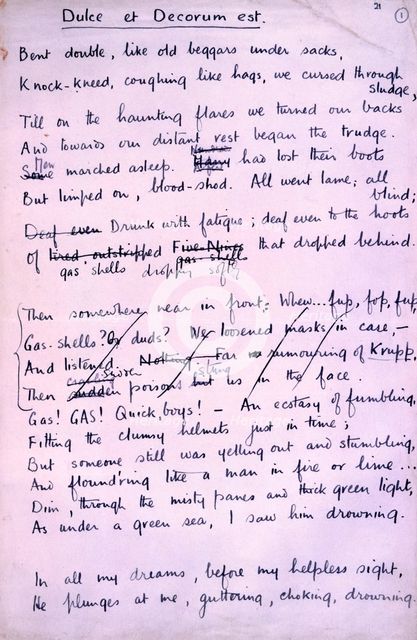 'Dulce et Decorum Est', poem by Wilfred Owen, 1918. Creator: Wilfred Owen.
