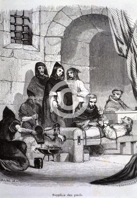 Dungeons of the Inquisition, executioners applying the torment of fire in feet.