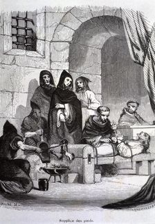 Dungeons of the Inquisition, executioners applying the torment of fire in feet