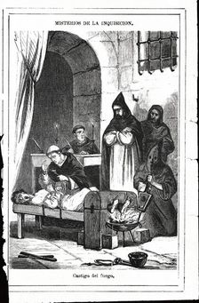 Dungeons of the Inquisition, scene of confession by torture of fire in the feet, engraving, 1880