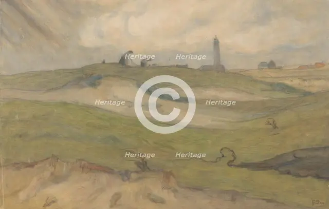 Dune landscape with lighthouse and people mending fishing nets, 1872-1944.  Creator: Frans Smissaert.
