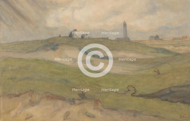 Dune landscape with lighthouse and people mending fishing nets, 1872-1944.  Creator: Frans Smissaert.