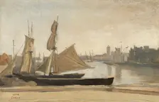 Dunkerque, Fishing Boats Tied To The Wharf, c1830. Creator: Jean-Baptiste-Camille Corot
