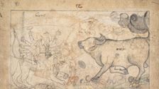Durga Confronts the Buffalo Demon Mahisha: Scene from the Devi Mahatmya, ca. 1780. Creator: Unknown