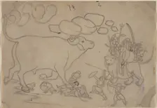 Durga Confronts the Buffalo Demon Mahisha: Scene from the Devi Mahatmya, ca. 1780. Creator: Attributed to a first-generation master after Nainsukh (active ca. 1735-78)