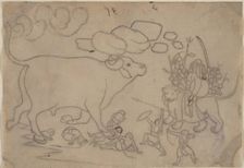Durga Confronts the Buffalo Demon Mahisha: Scene from the Devi Mahatmya, ca. 1780. Creator: Attributed to a first-generation master after Nainsukh (active ca. 1735-78)