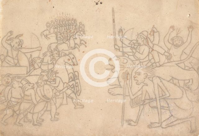 Durga and Kali Approach the Gathered Armies of Chanda and Munda... the Devi Mahatmya , c.1780. Creator: Unknown.