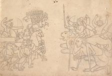 Durga and Kali Approach the Gathered Armies of Chanda and Munda... the Devi Mahatmya , c.1780. Creator: Unknown