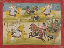 Durga fighting the rakshashas Shunga and Nishunga, from a Devi Mahatmya, mid 19th century. Creator: Unknown