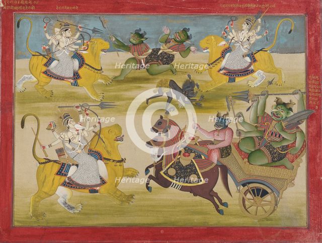 Durga fighting the rakshashas Shunga and Nishunga, from a Devi Mahatmya, mid 19th century. Creator: Unknown.
