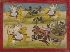 Durga fighting the rakshashas Shunga and Nishunga, from a Devi Mahatmya, mid 19th century. Creator: Unknown