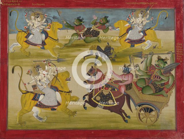 Durga fighting the rakshashas Shunga and Nishunga, from a Devi Mahatmya, mid 19th century. Creator: Unknown.