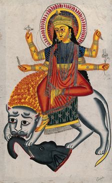 Durga riding on her lion killing a demon, (between 1800 and 1899?). Creator: Unknown