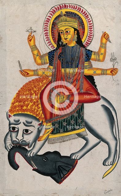 Durga riding on her lion killing a demon, (between 1800 and 1899?). Creator: Unknown.