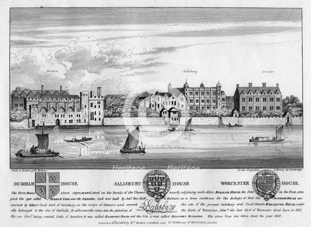 Durham House, Salisbury House, and Worcester House, London, c1630 (1808). Artist: Unknown