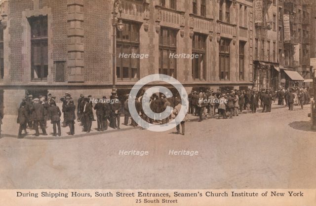 'During Shipping Hours, South Street Entrances, Seamen's Church Institute of New York', c1888.  Artist: Unknown.