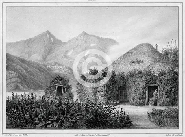Dwelling at Unalaska, Aleutian Islands, 19th century. Creators: Friedrich Heinrich Kittlitz, Victor Adam, Godefroy Engelmann, Leon Jean-Baptiste Sabatier.