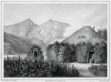 Dwelling at Unalaska, Aleutian Islands, 19th century. Creators: Friedrich Heinrich Kittlitz, Victor Adam, Godefroy Engelmann, Leon Jean-Baptiste Sabatier