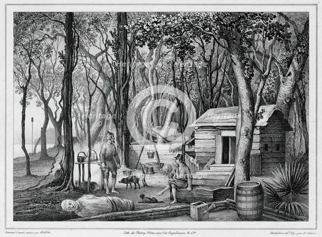 Dwelling of Two Shipwrecked Europeans in Port Lloyd of Peel Island, Bonin Islands, 19th century. Creators: Friedrich Heinrich Kittlitz, Victor Adam, Louis-Pierre-Alphonse Bichebois, Godefroy Engelmann.